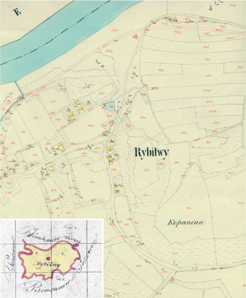 Mapa 126. Rybitwy. Centrum Rybitw na mapie katastralnej sporządzonej dla gminy katastralnej Rybitwy w 1849 roku oraz pochodzący z 1847 roku plan sytuacyjny z wyrysowanymi granicami gminy Rybitwy oraz lokalizacją gmin sąsiadujących (Archiwum Narodowe w Krakowie, sygn. K. Krak. 537; sygn. 29/280/1419, k. 1).