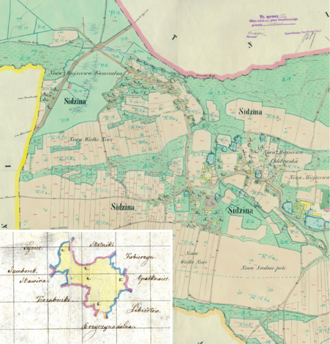 Mapa 130. Sidzina. Centralny fragment Sidziny na mapie katastralnej sporządzonej dla gminy katastralnej Sidzina w 1850 roku oraz pochodzący z 1845 roku plan sytuacyjny z wyrysowanymi granicami gminy Sidzina oraz lokalizacją gmin sąsiadujących (Archiwum Narodowe w Krakowie, sygn. K. Krak. 565 I–IV; sygn. 29/280/1445, k. 1).