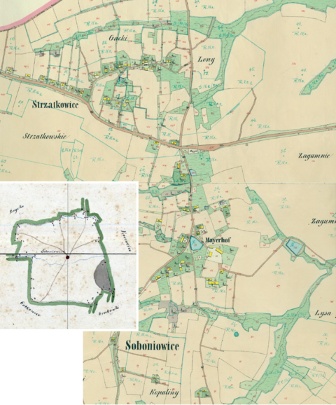 Mapa 134. Soboniowice. Centrum Soboniowic ze Strzałkowicami na mapie katastralnej sporządzonej dla gminy katastralnej Soboniowice w 1849 roku oraz pochodzący z 1845 roku plan sytuacyjny z wyrysowanymi granicami gminy Soboniowice i lokalizacją gmin sąsiadujących (Archiwum Narodowe w Krakowie, sygn. K. Krak. 586 I, II; sygn. K. Krak. op. 140, s. 1).