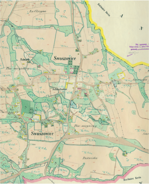Mapa 139. Swoszowice. Centrum Swoszowic na mapie katastralnej sporządzonej dla gminy katastralnej Swoszowice w 1848 roku (Archiwum Narodowe w Krakowie, sygn. K. Krak. 606 II, IV).