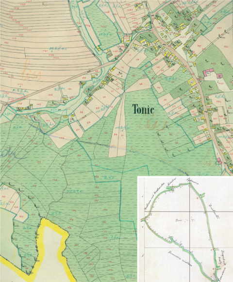 Mapa 143. Tonie. Centrum Toń na mapie katastralnej sporządzonej dla gminy katastralnej Tonie w 1850 roku oraz pochodzący z lat 1847–1848 plan sytuacyjny z wyrysowanymi granicami gminy Tonie i lokalizacją gmin sąsiadujących (Archiwum Narodowe w Krakowie, sygn. K. Krak. 627 III; sygn. WM 563a, nlb.).