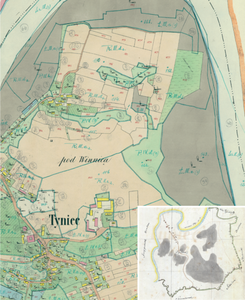 Mapa 145. Tyniec. Centrum Tyńca na mapie katastralnej sporządzonej dla gminy katastralnej Tyniec w 1849 roku oraz pochodzący z 1890 roku plan sytuacyjny z wyrysowanymi granicami gminy Tyniec i lokalizacją gmin sąsiadujących (Archiwum Narodowe w Krakowie, sygn. K. Krak. 634 II; sygn. K. Krak. op. 184, s. 1).
