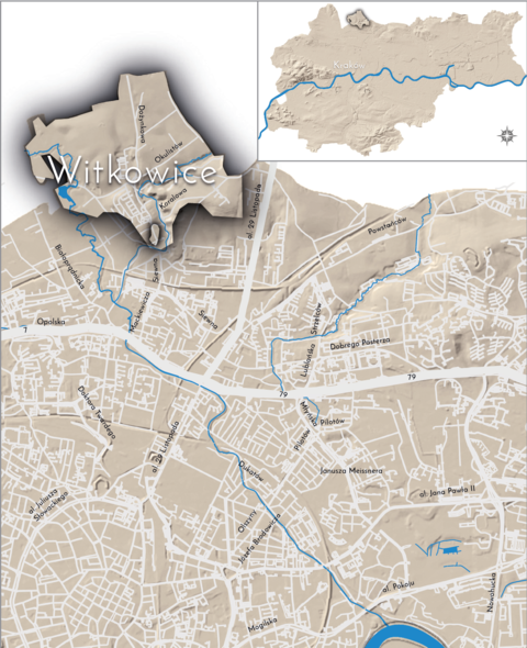 Mapa 150. Witkowice. Orientacyjna lokalizacja dawnej wsi Witkowice w obecnych granicach Krakowa – na planie miasta oznaczono jej położenie w kształcie wyznaczonym granicami jednostki katastralnej, jaką stanowiła, ze wskazaniem najstarszego, historycznego centrum Witkowic w rejonie północnej części dzisiejszej ulicy Dożynkowej.