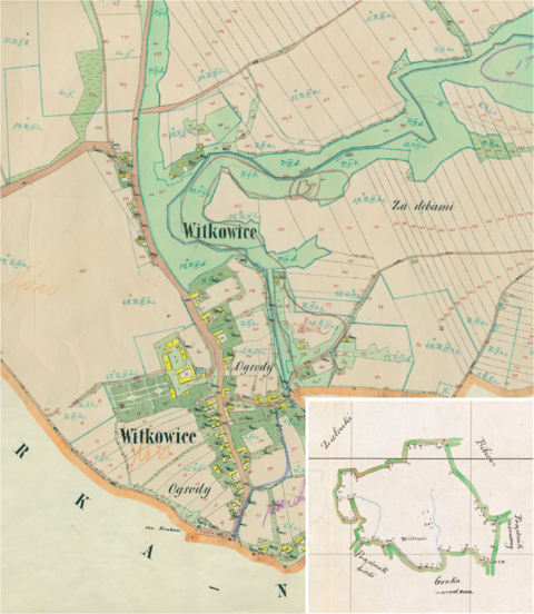 Mapa 151. Witkowice. Centrum Witkowic na mapie katastralnej sporządzonej dla gminy katastralnej Witkowice w 1850 roku oraz pochodzący z lat 1847–1848 plan sytuacyjny z wyrysowanymi granicami gminy Witkowice i lokalizacją gmin sąsiadujących (Archiwum Narodowe w Krakowie, sygn. K. Krak. 668 III, V; sygn. WM 563a, nlb.).