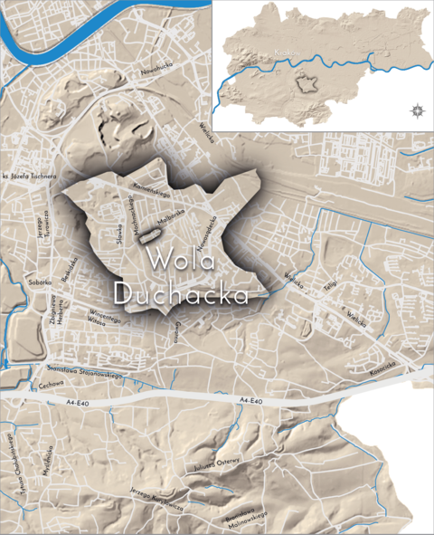 Mapa 152. Wola Duchacka. Orientacyjna lokalizacja dawnej wsi Wola Duchacka w obecnych granicach Krakowa – na planie miasta oznaczono jej położenie w kształcie wyznaczonym granicami jednostki katastralnej, jaką stanowiła, ze wskazaniem najstarszego, historycznego centrum Woli Duchackiej w rejonie dzisiejszej ulicy Malborskiej.