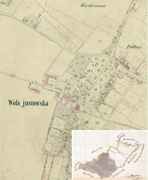 Mapa 155. Wola Justowska. Centrum Woli Justowskiej na mapie katastralnej sporządzonej dla gminy katastralnej Wola Justowska w 1850 roku oraz pochodzący z lat 1847–1848 plan sytuacyjny z wyrysowanymi granicami gminy Wola Justowska i lokalizacją gmin sąsiadujących (Archiwum Narodowe w Krakowie, sygn. K. Krak. 686 III; sygn. WM 563a, nlb.).
