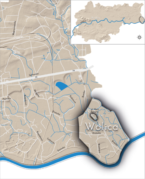 Mapa 156. Wolica. Orientacyjna lokalizacja dawnej wsi Wolica w obecnych granicach Krakowa – na planie miasta oznaczono jej położenie w kształcie wyznaczonym granicami jednostki katastralnej, jaką stanowiła, ze wskazaniem najstarszego, historycznego centrum Wolicy w rejonie dzisiejszego placu Turzymy.