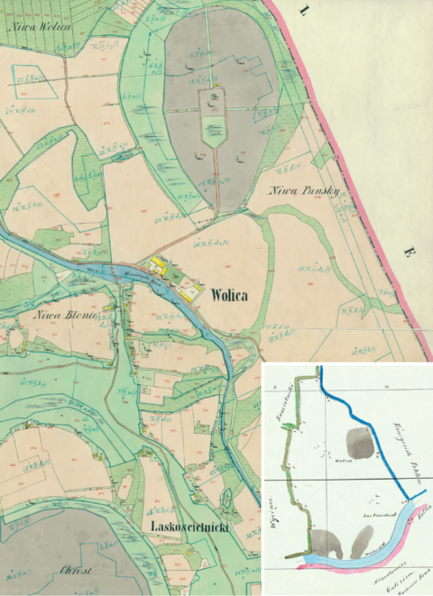 Mapa 157. Wolica. Centrum Wolicy na mapie katastralnej sporządzonej dla gminy katastralnej Wolica w 1850 roku oraz pochodzący z lat 1847–1848 plan sytuacyjny z wyrysowanymi granicami gminy Wolica i lokalizacją gmin sąsiadujących (Archiwum Narodowe w Krakowie, sygn. K. Krak. 695 I, II, IV; sygn. WM 563a, nlb.).