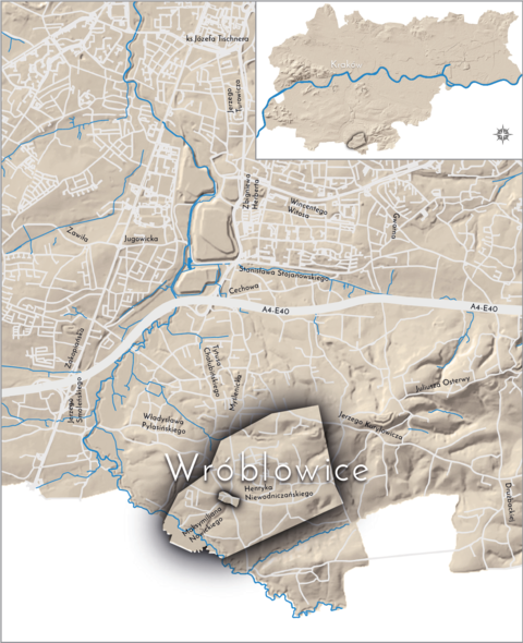Mapa 158. Wróblowice. Orientacyjna lokalizacja dawnej wsi Wróblowice w obecnych granicach Krakowa – na planie miasta oznaczono jej położenie w kształcie wyznaczonym granicami jednostki katastralnej, jaką stanowiła, ze wskazaniem najstarszego, historycznego centrum Wróblowic w rejonie dzisiejszej ulicy Niewodniczańskiego.