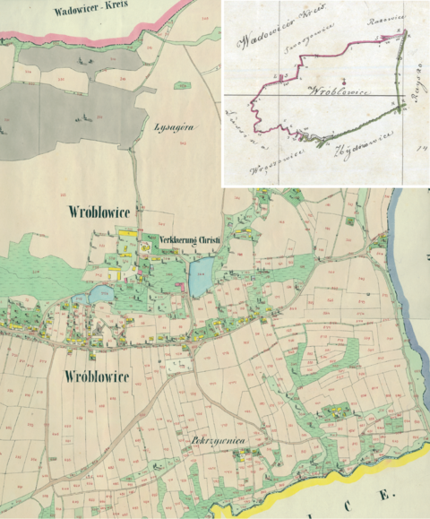 Mapa 159. Wróblowice. Centrum Wróblowic na mapie katastralnej sporządzonej dla gminy katastralnej Wróblowice w 1849 roku oraz pochodzący z 1846 roku plan sytuacyjny z wyrysowanymi granicami gminy Wróblowice i lokalizacją gmin sąsiadujących (Archiwum Narodowe w Krakowie, sygn. K. Krak. 703 II, III; sygn. K. Krak. op. 166, s. 1).