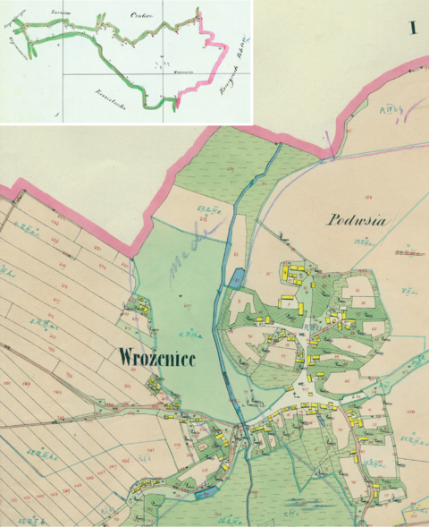 Mapa 161. Wróżenice. Centrum Wróżenic na mapie katastralnej sporządzonej dla gminy katastralnej Wróżenice w 1850 roku oraz pochodzący z lat 1847–1848 plan sytuacyjny z wyrysowanymi granicami gminy Wróżenice i lokalizacją gmin sąsiadujących (Archiwum Narodowe w Krakowie, sygn. K. Krak. 706 II; sygn. WM 563a, nlb.).