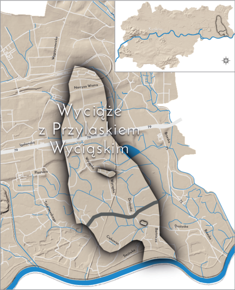 Mapa 163. Orientacyjna lokalizacja dawnych wsi Wyciąże i Przylasek Wyciąski w obecnych granicach Krakowa – na planie miasta oznaczono ich położenie w kształcie wyznaczonym granicami jednostek katastralnych, które stanowiły, ze wskazaniem najstarszych, historycznych centrów: Wyciąża w rejonie dzisiejszej ulicy Wyciąskiej oraz Przylasku Wyciąskiego w rejonie dzisiejszych ulic Przylasek i Bartniczej.