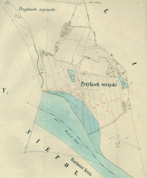 Mapa 165. Wyciąże i Przylasek Wyciąski. Przywiślany fragment Przylasku Wyciąskiego na mapie katastralnej sporządzonej dla gminy katastralnej Przylasek Wyciąski w 1850 roku (Archiwum Narodowe w Krakowie, sygn. K. Krak. 713 VII).