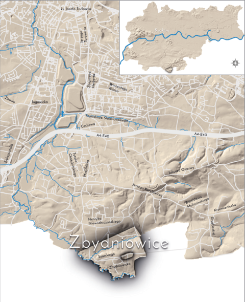 Mapa 167. Zbydniowice. Orientacyjna lokalizacja dawnej wsi Zbydniowice w obecnych granicach Krakowa – na planie miasta oznaczono jej położenie w kształcie wyznaczonym granicami jednostki katastralnej, jaką stanowiła, ze wskazaniem najstarszego, historycznego centrum Zbydniowic w rejonie skrzyżowania dzisiejszych ulic Matematyków Krakowskich i Zbydniowickiej.
