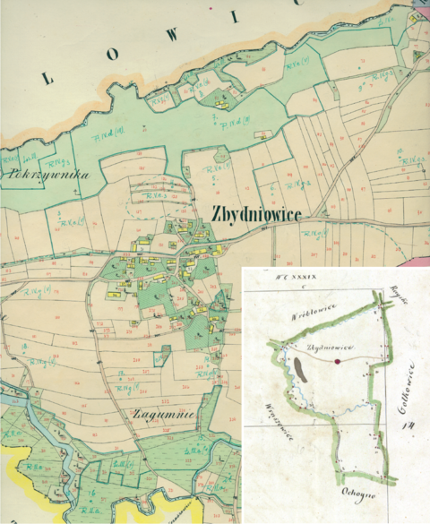 Mapa 168. Zbydniowice. Centrum Zbydniowic na mapie katastralnej sporządzonej dla gminy katastralnej Zbydniowice w 1849 roku oraz pochodzący z 1845 roku plan sytuacyjny z wyrysowanymi granicami gminy Zbydniowice oraz lokalizacją gmin sąsiadujących (Archiwum Narodowe w Krakowie, sygn. K. Krak. 745; sygn. K. Krak. op. 176, s. 1).
