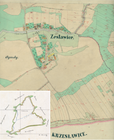 Mapa 171. Zesławice. Centrum Zesławic na mapie katastralnej sporządzonej dla gminy katastralnej Zesławice w 1848 roku oraz pochodzący z lat 1847–1848 plan sytuacyjny z wyrysowanymi granicami gminy Zesławice i lokalizacją gmin sąsiadujących (Archiwum Narodowe w Krakowie, sygn. K. Krak. 753 IV; sygn. WM 563a, s. 24).