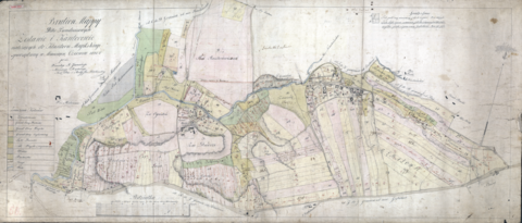 Mapa 172. Zesławice. Z Archiwum Wolnego Miasta Krakowa mapa wsi Zesławice i Kantorowice wyrysowana w 1821 roku przez Wincentego Jarockiego, mierniczego rządowego Królestwa Polskiego i Rzeczypospolitej Krakowskiej; mapa weszła do zasobu Komisji Włościańskiej Wolnego Miasta Krakowa prowadzącej prace przygotowujące uwłaszczenie chłopów – oraz powiększenia fragmentów legendy (Archiwum Narodowe w Krakowie, sygn. 29/200/59).