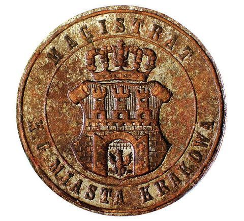 (024) Herb Krakowa na pieczęci Magistratu Królewskiego
Głównego Miasta Krakowa datowanej na rok 1860, powrót
do dawnego obrysu tarczy herbowej sprzed okresu Wolnego
Miasta Krakowa, co przyjmie się już na długo,
aż do naszych czasów – tu zwierciadlane odbicie
stempla tej pieczęci (ANK, sygn. T 325)