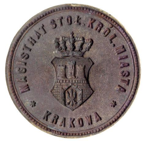 (025) Stempel herbowej pieczęci magistrackiej Stołecznego
Królewskiego Miasta Krakowa (odbicie zwierciadlane)
z początków doby autonomii galicyjskiej, tj. po 1866 r. – herb
miasta prezentuje wersję „wyszczuploną” tarczy herbowej;
ta estetyka nie przyjmie się jednak na trwałe
(ANK, sygn. T 261)
