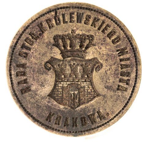 (026) Stempel herbowej pieczęci Rady Miejskiej Stołecznego
Królewskiego Miasta Krakowa (zwierciadlane odbicie)
z okresu autonomii galicyjskiej; rysunek herbu w kształcie,
który przyjął się w urzędowym i powszechnym stosowaniu
aż do wybuchu II wojny światowej w 1939 r.
(MK, nr inw. MHK 3742 b/III)