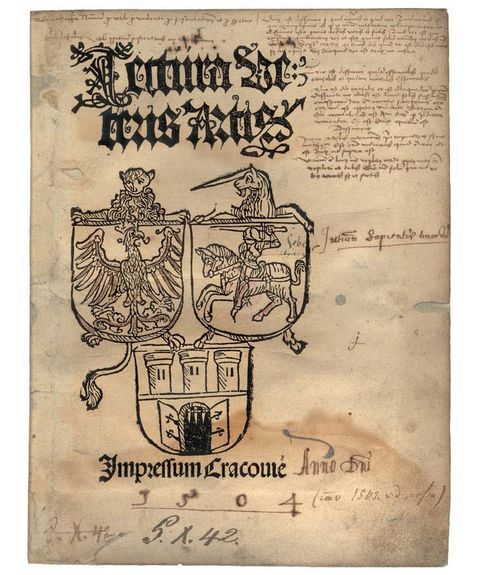 (448) Rok 1503 – drzeworyt (sygnet) krakowskiej oficyny
Kaspra Hochfedera na stronie tytułowej zbioru trzech dzieł
Lectura Veteris Artis (BJ, sygn. Cim.Qu. 4061)