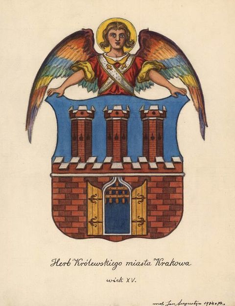 (475) Herb Królewskiego miasta Krakowa, wiek XV
– z tek Jana Augustyna, malunek z 1934 r.
(ANK, sygn. 29-673-844)