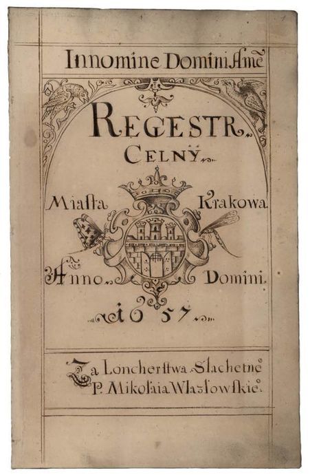 (458) Rok 1657 – rysunek piórkiem na stronie tytułowej
księgi miejskiej finansowej założonej dla zapisów prowadzonych
w tymże roku (ANK, sygn. rkps 2172)
