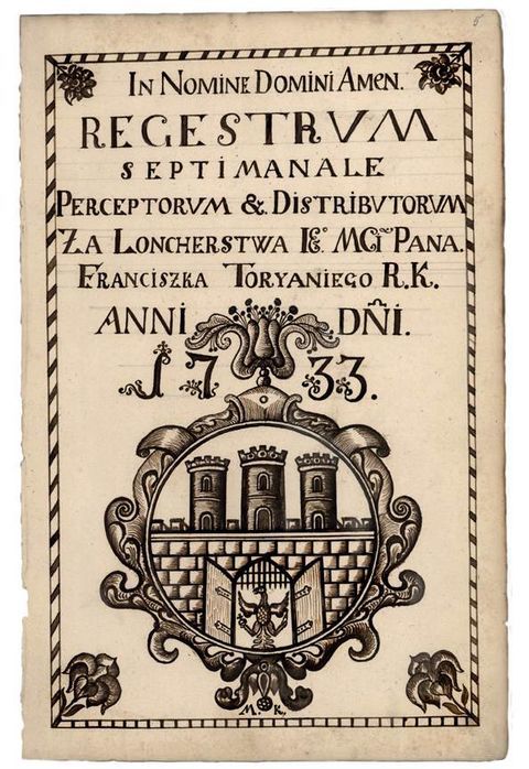 (461) Rok 1733 – rysunek piórkiem na stronie tytułowej
księgi miejskiej finansowej założonej dla zapisów prowadzonych
w tymże roku (ANK, sygn. rkps 2103)