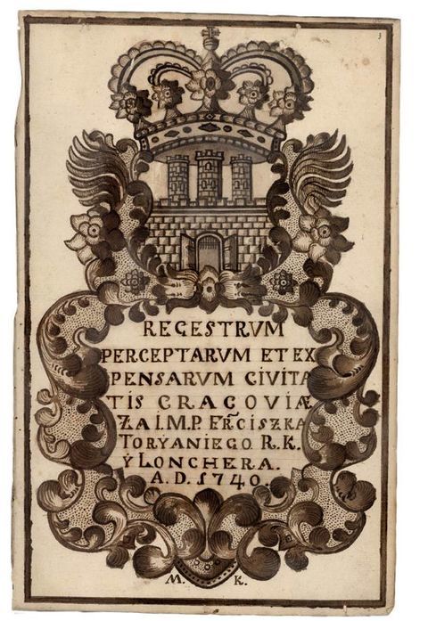 (464) Rok 1742 – rysunek piórkiem na stronie tytułowej
księgi miejskiej finansowej założonej dla zapisów prowadzonych
w tymże roku (ANK, sygn. rkps 1925)