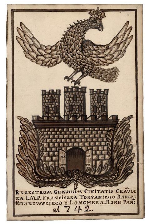 (465) Rok 1742 – rysunek piórkiem na stronie tytułowej
księgi miejskiej finansowej założonej dla zapisów prowadzonych
w tymże roku (ANK, sygn. rkps 1802)